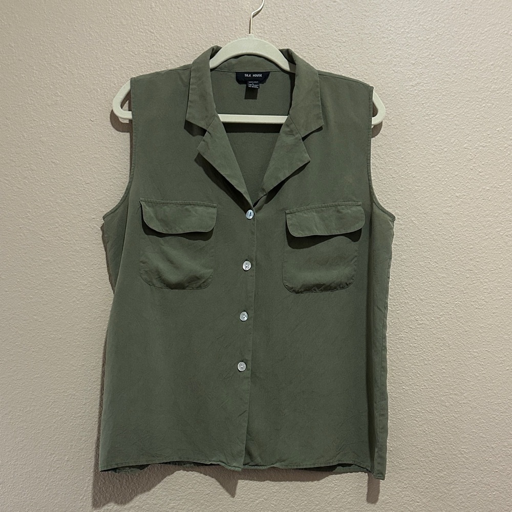 SILK HOUSE 100% Silk Olive Green Sleeveless Button-Down Shirt, Size L
